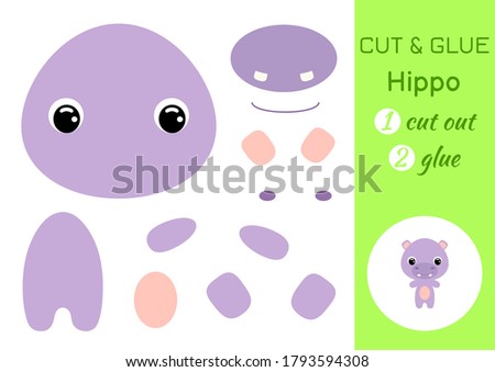 Cut and glue baby hippo. Education developing worksheet. Color paper game for preschool children. Cut parts of image and glue on paper. Cartoon character. Colorful vector stock illustration.