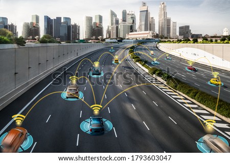 Autonomous car sensor system concept for safety of driverless mode car control . Future adaptive cruise control sensing nearby vehicle and pedestrian . Smart transportation technology . Royalty-Free Stock Photo #1793603047