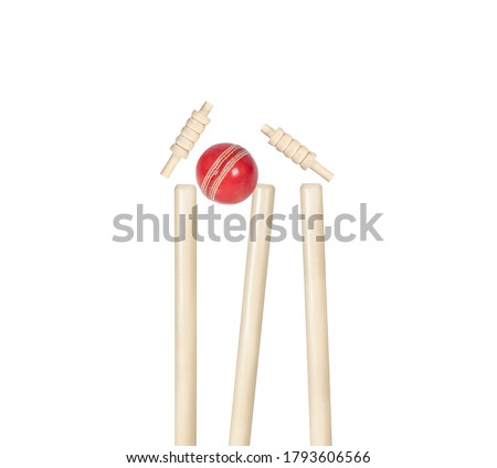 wooden cricket stump, balls, bails isolated on white background, cricket match, bowling, hit stump, stump hit by ball 