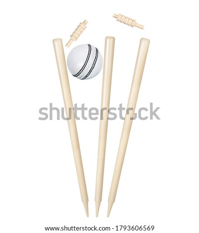 wooden cricket stump, balls, bails isolated on white background, cricket match, bowling, hit stump, stump hit by ball 