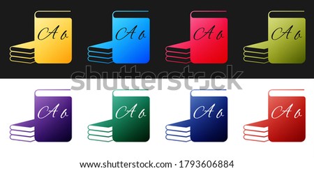 Set ABC book icon isolated on black and white background. Dictionary book sign. Alphabet book icon. Vector.