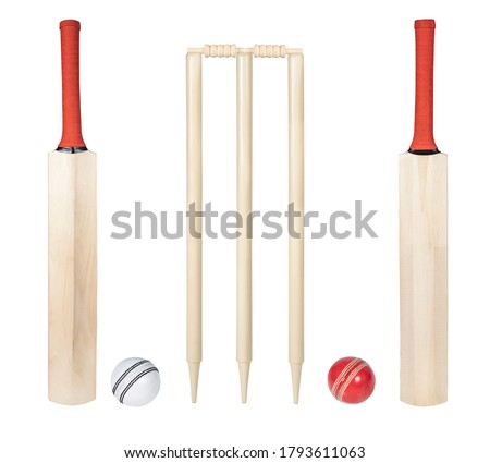 cricket bat, stumps, bails, red ball and white ball isolated on white background, wooden cricket bat all angles studio shot cutout