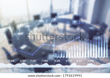 Multi exposure of virtual creative financial chart hologram on a modern meeting room background, research and analytics concept