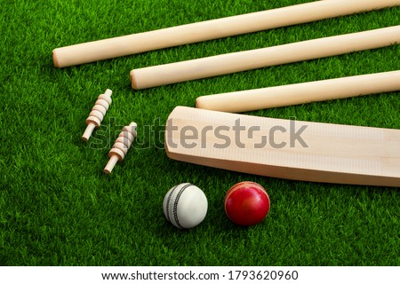 cricket bat ball stumps and bails placed on green grass cricket pitch background