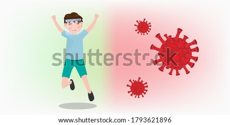 Kid wear medical face shield and mask. Pandemic flu outbreak coronavirus or covid-19 protection concept. Vector illustration design.