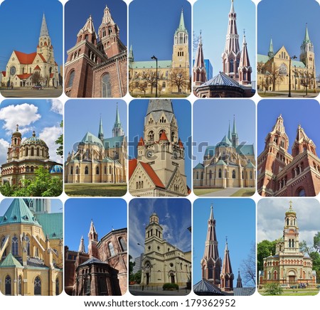 Architecture of the city of Lodz, Poland - Churches - Photo collage