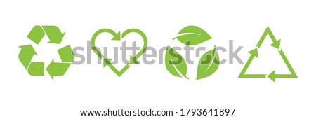 Recycle vector icon set. Arrows, heart and leaf recycle eco green symbol. Rounded angles. Recycled signs illustration isolated on white background. Royalty-Free Stock Photo #1793641897