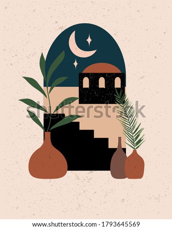 Abstract background with desert landscape at night, stairs, plants in vases. Minimalist wall art.
