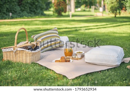 Close up picture of pink blanket in the outdoors while standing orange lemonade and mix cheese and olives
