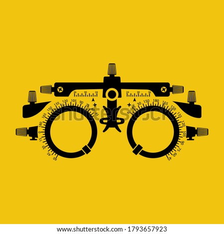 Optometrist flat black silhouette icon. Eye test frame. Vision test. Check Eyesight. Diopter with scale of measurement. Examination of the eyes. Professional glasses. Vector cartoon flat design.
