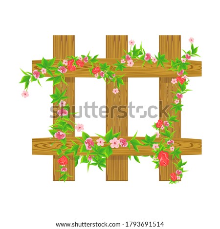 Leaves and flowers vines on wooden fence. Vector illustration