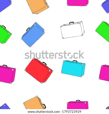 Beautiful hand drawing colored vector group of suitcases for travel isolated on a white background. Seamless pattern