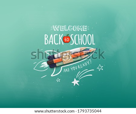 Welcome back to school. Rocket ship launch made with colour pencils. Welcome back to school banner. Vector illustration Royalty-Free Stock Photo #1793735044