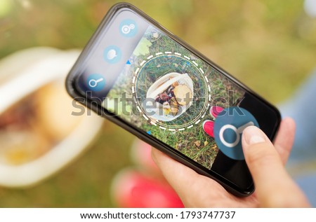 technology, nature and picking season concept - close up of hand with mushrooms in basket on smartphone screen using search application in autumn forest