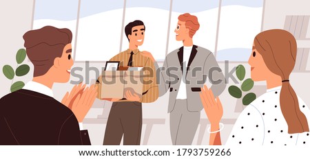 People welcome new team member in the office. Colleague introduction and acquaintance. First day at work concept. Friendly coworkers applauding, meeting employee. Flat vector cartoon illustration Royalty-Free Stock Photo #1793759266