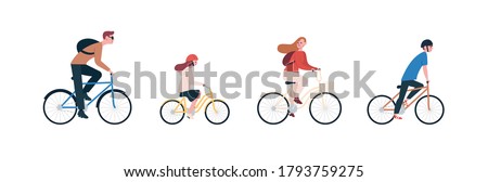 Happy family riding bike, bicycle. Joyful mother, father, daughter, son. Parents and kids cycling, spend time together. Outdoor sport activity. Flat vector cartoon illustration isolated on white