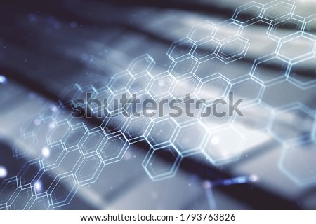 Abstract virtual wireless technology hologram with hexagon on abstract metal background, artificial intelligence and machine learning concept. Multi exposure
