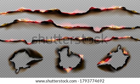 Burnt paper edges with fire and black ash. Vector realistic set of borders and frames from scorched and smoldering paper sheets white torn edges and holes isolated on transparent background Royalty-Free Stock Photo #1793774692