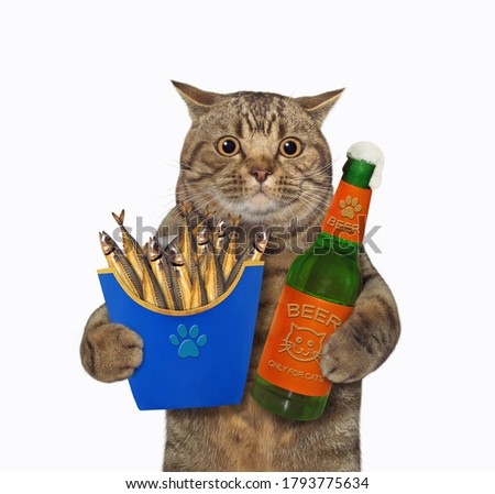 The beige big eyed cat is holding a blue paper box of smoked fish and a bottle of beer. White background. Isolated.
