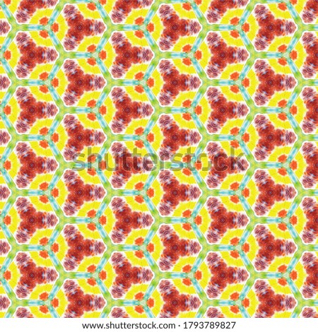 red, orange and yellow watercolor kaleidoscopic seamless pattern for textile, surface, fashion, interior design. acrylic gouache pattern background. geometrical design textile