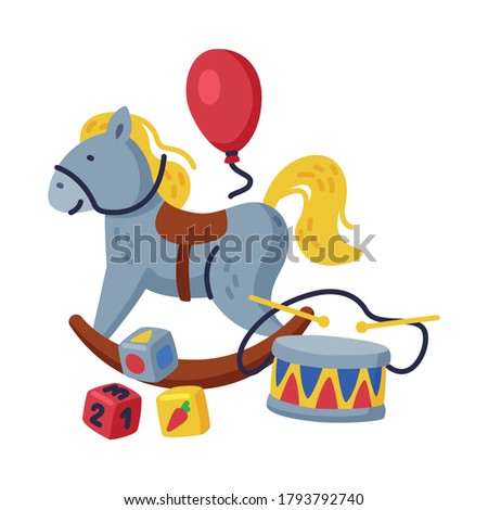 Baby Toys Set, Rocking Horse, Drum, Cubes, Balloon Cute Colorful Objects for Kids Development and Entertainment Cartoon Vector Illustration on White Background