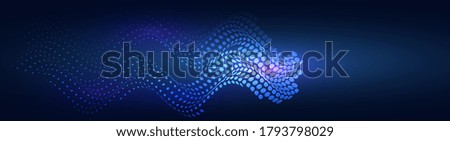 Abstract halftone wave texture on blue background. Wide Futuristic Technology Cover.