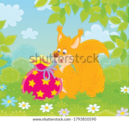 Joyful and friendly smiling red squirrel holding a beautiful bag with a holiday gift on a green forest glade on a warm summer day, vector cartoon illustration