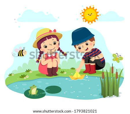 Vector illustration cartoon of two little kids playing with paper boat in the pond.