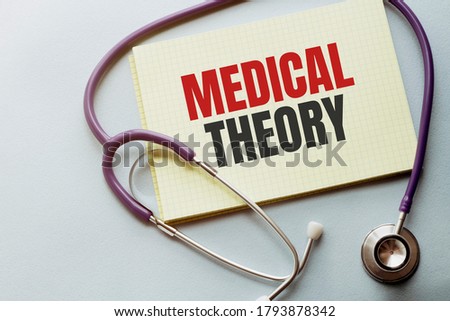 On a purple background a stethoscope with yellow list with text MEDICAL THEORY