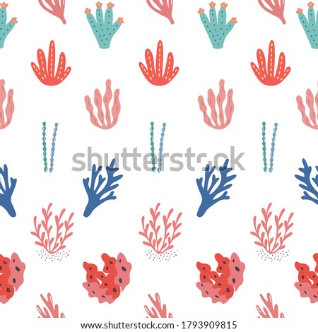 Sea coral and sea leaf hand drawn in doodle style seamless pattern on white background for fashion print, wrapping paper and wallpaper