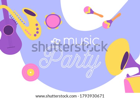 Colorful music instrument banner. Border, frame and template for music party, festival etc. Modern flat vector illustration.