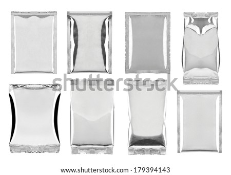 collection of various aluminum bag package on white background. each one is shot separately