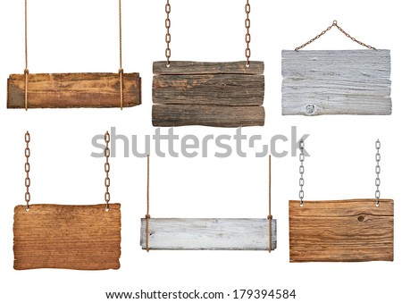collection of various empty wooden signs hanging on a rope and chain on white background. each one is shot separately