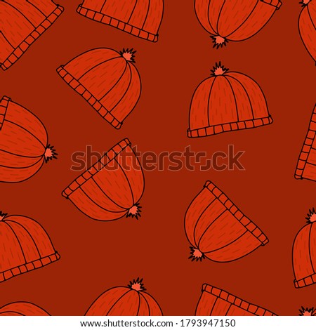 Vector seamless pattern of warm autumn and winter cap in the style of doodle. Linear illustrations by hand. Knitted hat.