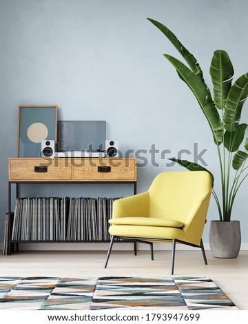 Modern interior yellow chair big plant