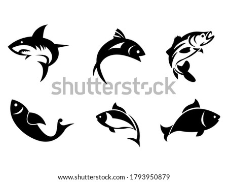Fish Icon Vector illustration. bass fish symbol. sea shark sign, emblem isolated on white background with shadow, Flat style for graphic and silhouette, logo. EPS10 black pictogram.
