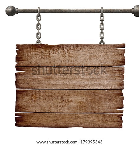 medieval signboard hanging on chain isolated on white