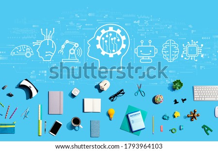 Future technology concept with collection of electronic gadgets and office supplies