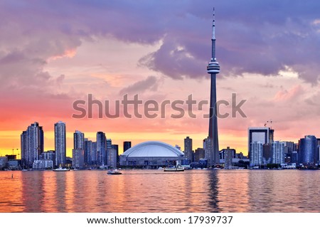Scenic view at Toronto city waterfront skyline at sunset