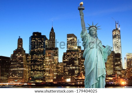  Manhattan Skyline and The Statue of Liberty at Night, New York City 