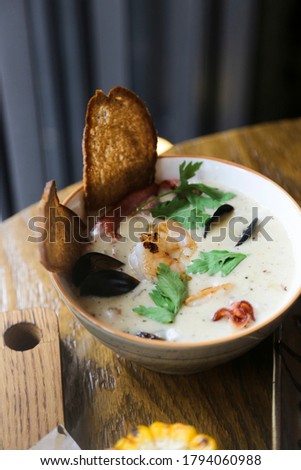 Traditional homemade chowder soup with seafood