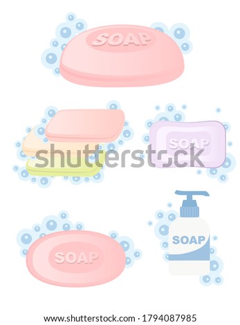 Set of colored bar soap solid and liquid soap with bubbles flat vector illustration isolated on white background