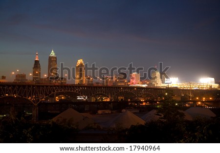 Cleveland Night Skyline showing Baseball Stadium and Gravel Piles in the Flats