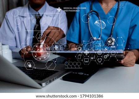 Double exposure of healthcare And Medicine concept. Doctor and modern virtual screen interface, Background toned image blurred.