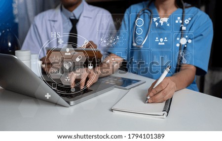 Double exposure of healthcare And Medicine concept. Doctor and modern virtual screen interface, Background toned image blurred.