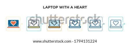 Laptop with a heart vector icon in 6 different modern styles. Black, two colored laptop with a heart icons designed in filled, outline, line and stroke style. Vector illustration can be used for web,