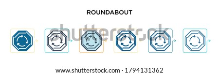 Roundabout sign vector icon in 6 different modern styles. Black, two colored roundabout sign icons designed in filled, outline, line and stroke style. Vector illustration can be used for web, mobile,