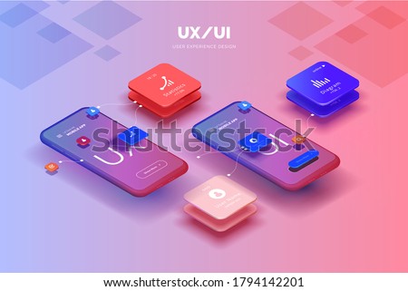 Toolkit-UI/UX scene creator. Mobile application design. Smartphone mockup with active blocks and connections. Creation of the user interface. Modern vector illustration isometric style Royalty-Free Stock Photo #1794142201