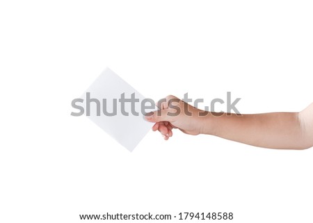 Child hand holding business card ( white paper card ) Isolated on white background. with clipping path.