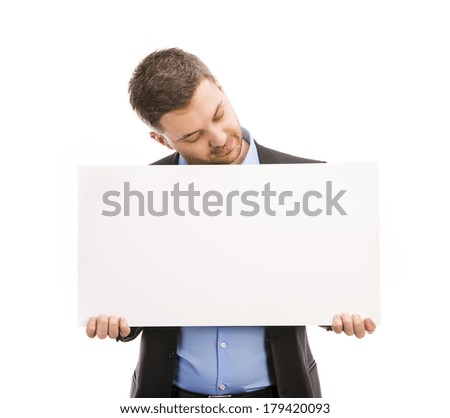 Successful business man is posing with blank copy space. Manager is isolated on white background.